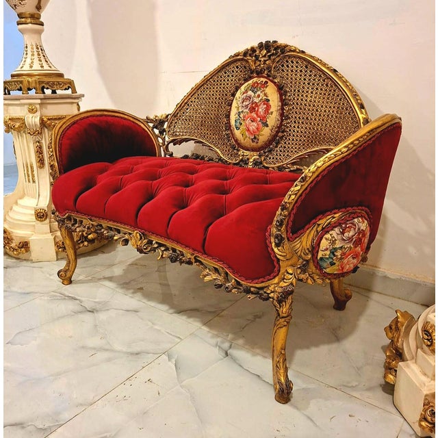 French Rococo Style Sofa – Red Velvet Tufted Upholstery, Gold Leaf ...