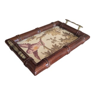 Vintage Faux Bamboo Glass Tray With Schumacher Fabric Insert For Sale