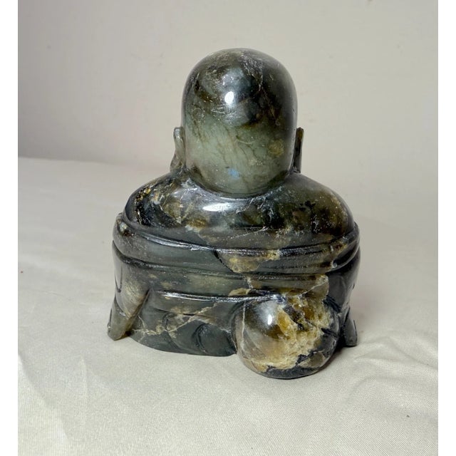 Green Vintage Hand Carved Natural Labradorite Crystal Stone Buddha Sculpture Statue For Sale - Image 8 of 15