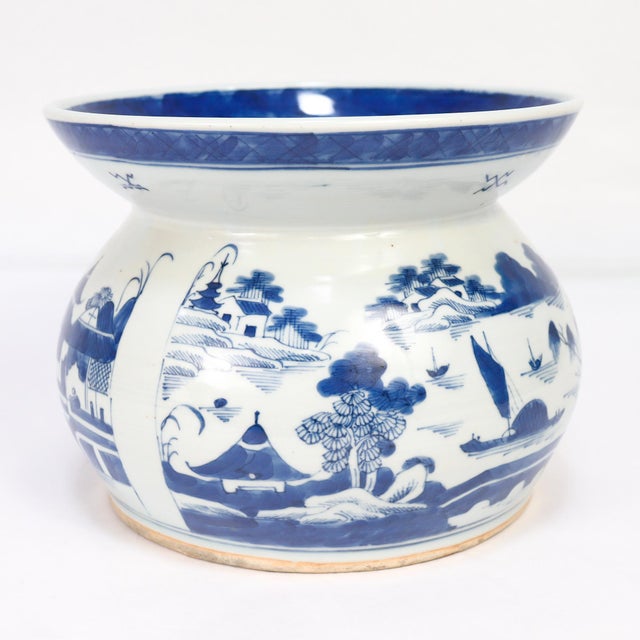 Ceramic Antique Chinese Export Blue & White Canton Porcelain Spittoon For Sale - Image 7 of 13