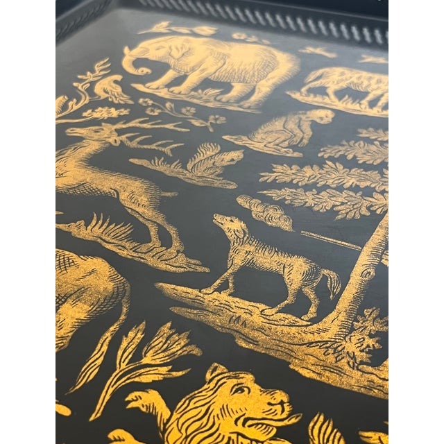Mid 20th Century Black & Gold Tole Tray – Hollywood Regency Hunt Scene, Fornasetti Style, Large Decorative Tray For Sale - Image 5 of 10