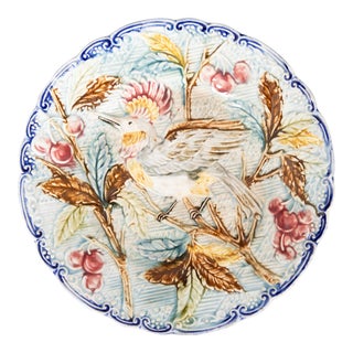 Antique Belgian Wasmuel Majolica Bird With Cherries Plate, Circa 1890 For Sale