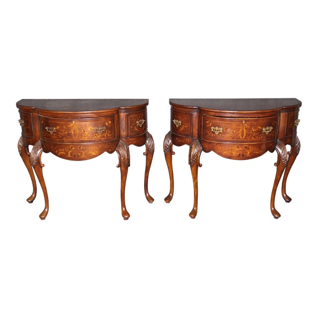 Pair of Inlaid Walnut Edwardian Style Consoles by John Richard With Parrots For Sale