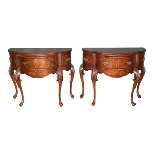 Pair of Inlaid Walnut Edwardian Style Consoles by John Richard With Parrots