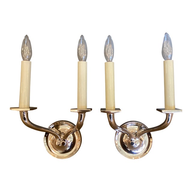 Pair of Restoration Hardware Attributed Chrome Two Arm Wall Sconces For Sale