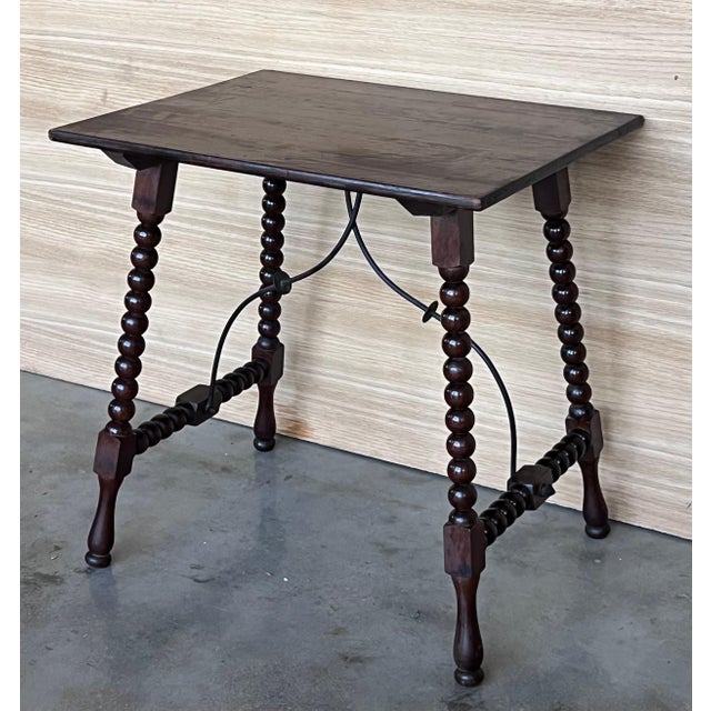 Baroque 19th Spanish Side Table with Cared Turned Legs and Iron Stretcher For Sale - Image 3 of 18