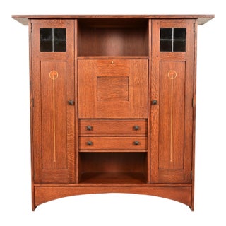 Stickley Harvey Ellis Collection Arts & Crafts Inlaid Oak and Leaded Glass Bookcase With Drop Front Secretary Desk For Sale