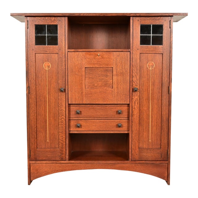 Stickley Harvey Ellis Collection Arts & Crafts Inlaid Oak and Leaded Glass Bookcase With Drop Front Secretary Desk For Sale