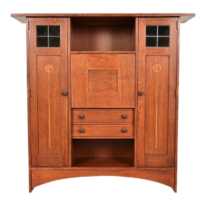 Stickley Harvey Ellis Collection Arts & Crafts Inlaid Oak and Leaded Glass Bookcase With Drop Front Secretary Desk