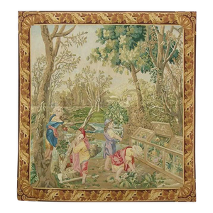 Vintage Tapestry Depicting a Family Gardening
