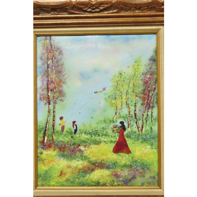 Mid-Century Modern Vintage Louis Cardin Enamel on Copper Painting Framed "Woman With Boys & Kite" For Sale - Image 3 of 16