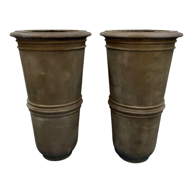 Organic Modern Fiber Clay Large Taupe Outdoor Planters Pair For Sale