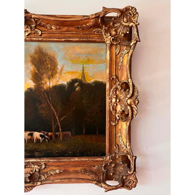 Cows at Sunset Pastoral Landscape, Oil Painting on Wood Panel, Framed For Sale - Image 7 of 9