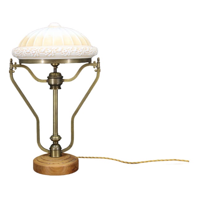 Brass Table Lamp with Wooden Base and Glass Shade, 1930s For Sale