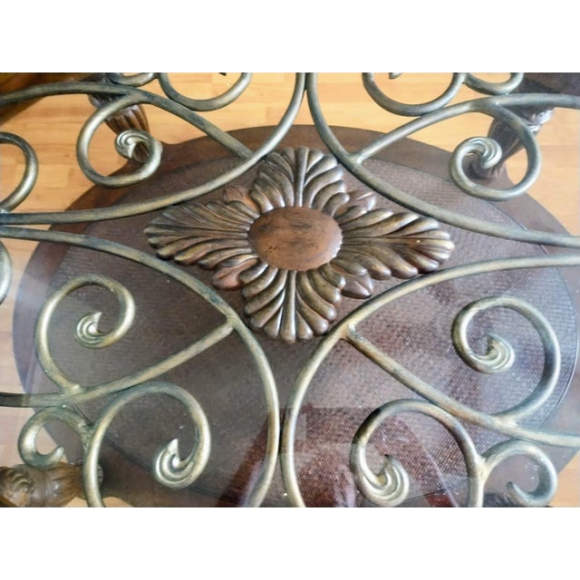 Antique Wooden Coffee Table Featuring a Glass Top, Bronze Ornamentation, and Two Tiers. For Sale - Image 4 of 7