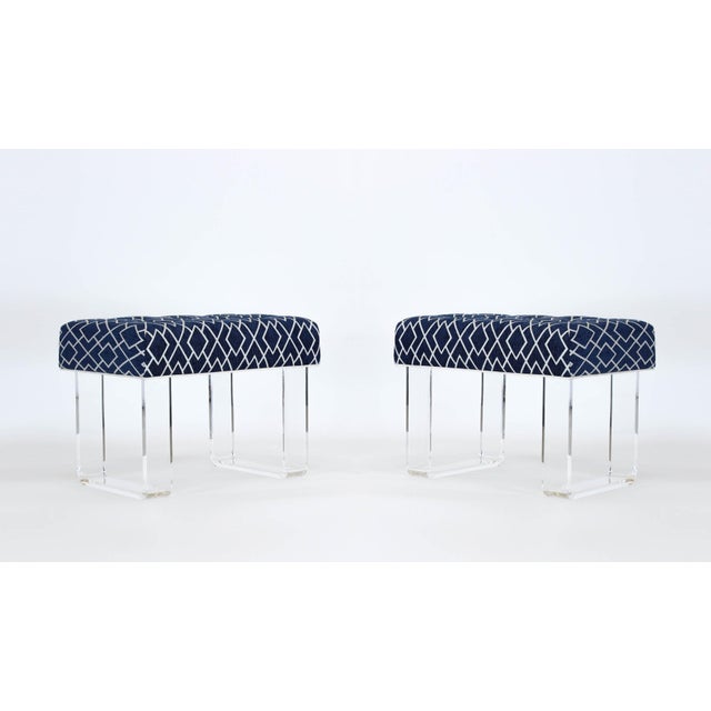 Acrylic Benches With Blue Cushions Tops A Pair Chairish