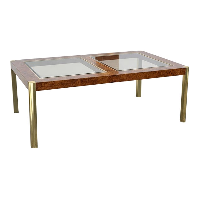 1970s Burl Wood and Brass Dining Table With Glass Insets in the Style of Milo Baughman For Sale
