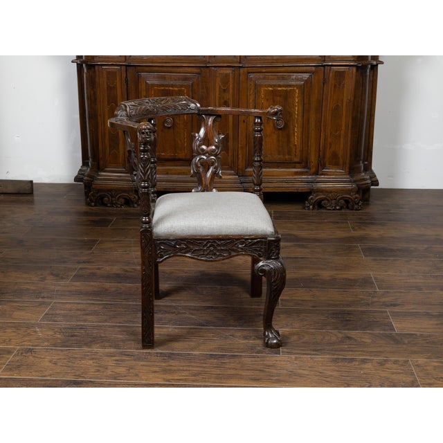 English English 19th Century Oak Corner Chair with Carved Foliage and New Upholstery For Sale - Image 3 of 10