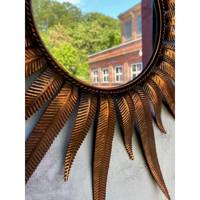 Spanish Copper Plated Metal Sunburst Mirror With Fern Leaf Frame For Sale In New York - Image 6 of 13