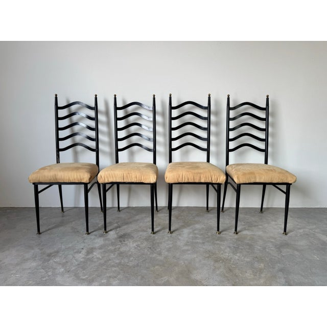 A striking set of six vintage high-back dining chairs from the 1970s, inspired by the iconic style of Italian designer Gio...