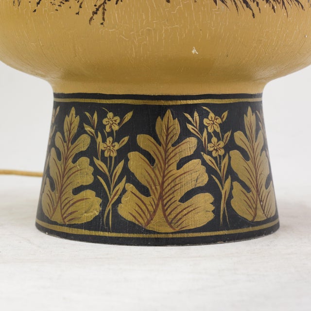 Vintage Hand Painted Table Lamp Mustard Yellow Country Landscape With Bridge and Foliage Motif For Sale - Image 9 of 12