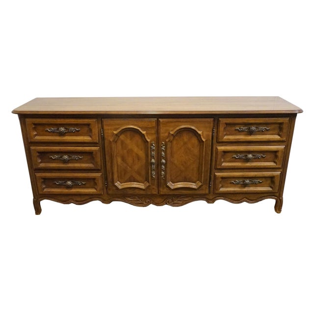 French Provincial Drexel Furniture Cabernet Collection Solid Pecan French Provincial 78" Triple Door Dresser 306-134 For Sale - Image 3 of 15