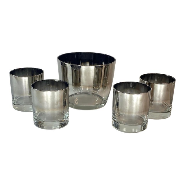 1960s Vintage Dorothy Thorpe Style Cocktail Lowball Glasses and Ice Bucket Silver/Platinum Ombre Set- 5 Pieces For Sale