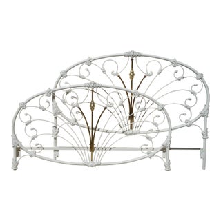 Vintage French Elliott's Designs White Gold Iron Queen Headboard W Footboard #3 For Sale
