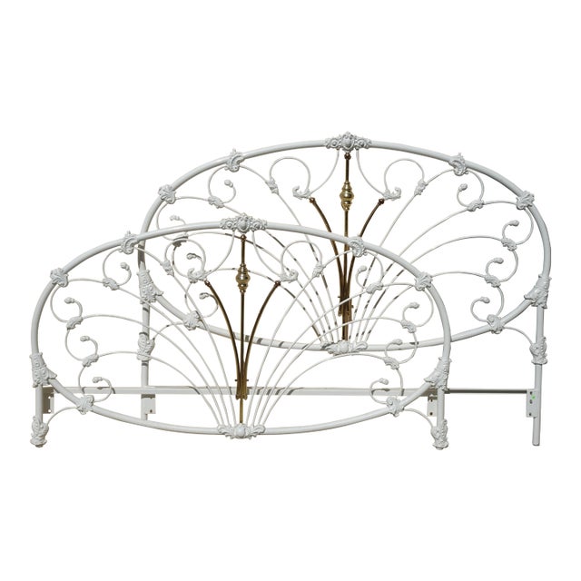 Vintage French Elliott's Designs White Gold Iron Queen Headboard W Footboard #3 For Sale