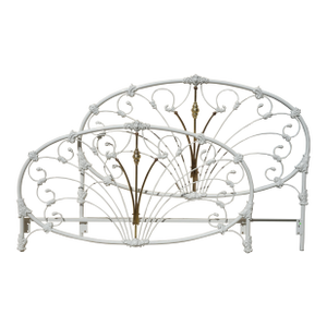Vintage French Elliott's Designs White Gold Iron Queen Headboard W Footboard #3