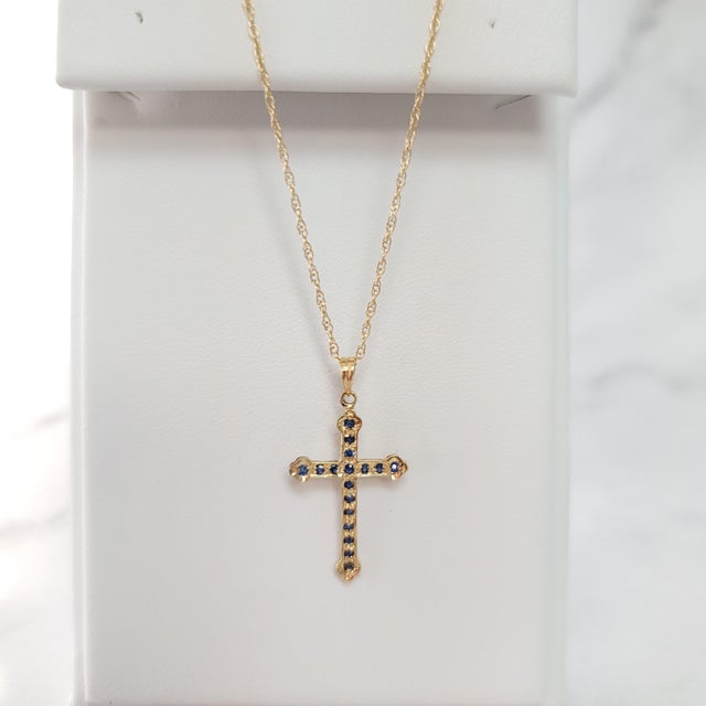 Early 21st Century Sapphire Gold Cross Necklace 14k Yellow Gold For Sale - Image 5 of 5