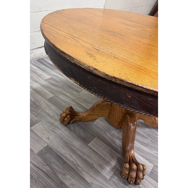 Wood Antique Victorian 48 Inch Round Tiger Oak Claw Foot Pedestal Dining Table For Sale - Image 7 of 15