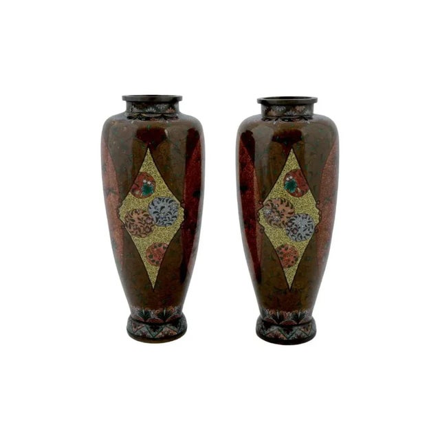 Paint Large Pair of Early 20th Century Japanese Cloisonne Gold Stone Enamel Bamboo Tree Vases Attributed to Honda For Sale - Image 7 of 7