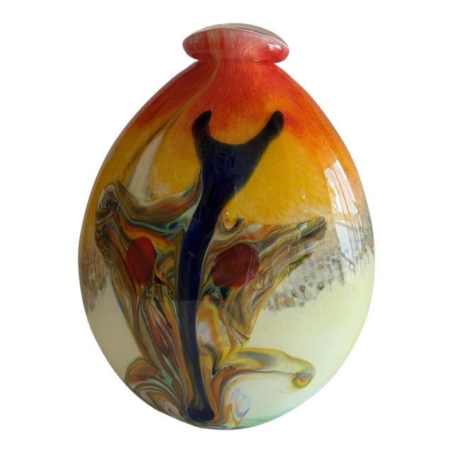Hand-Blown Art Glass Vase With Multicolored Swirl Design For Sale