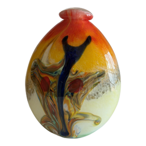 Hand-Blown Art Glass Vase With Multicolored Swirl Design