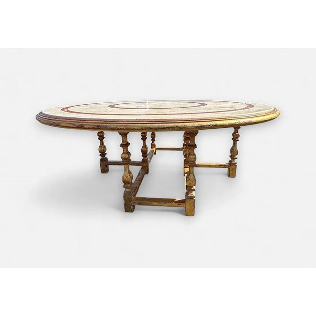 1960s Large 82" Round Italian Inlaid Rouge & Carrera Marble & Carved Gilt Wood Center Table Perfect for Hotel Lobby For Sale - Image 4 of 7