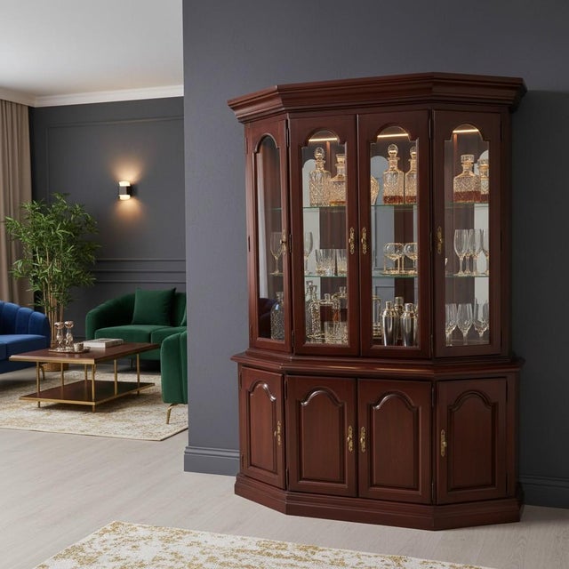 English Late 20th Century Broyhill Cherry China Cabinet-Lighted Mirrored Curio Hutch-2 Piece-Display-Glass For Sale - Image 3 of 11