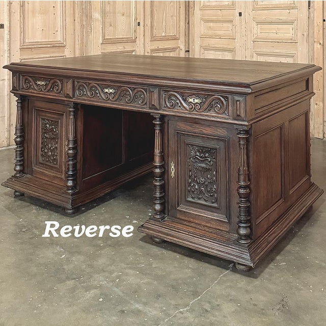 Antique French Neoclassical Henri II Oak Partner's Desk For Sale - Image 4 of 14