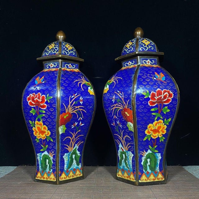 Blue Pair of Chinese Cloisonné Enamel Hexagonal Floral Jars With Lids - 16" Tall For Sale - Image 8 of 9