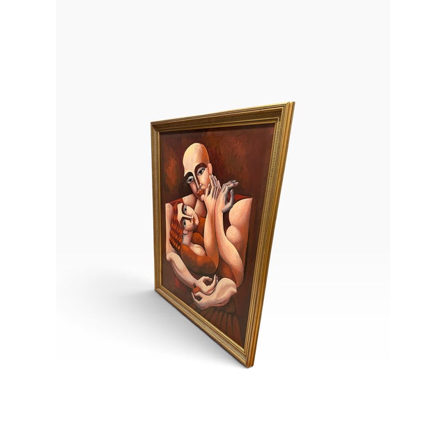 Wood Late 20th Century Yuroz Cubist Figural Painting of Embracing Couple in Gilt Frame For Sale - Image 7 of 8