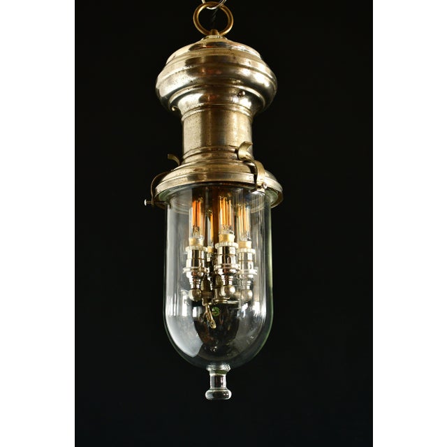 19th century gas pendant electrified with 4 LED E12 sockets. The shade is a vintage Pyrex glass cloche cover.