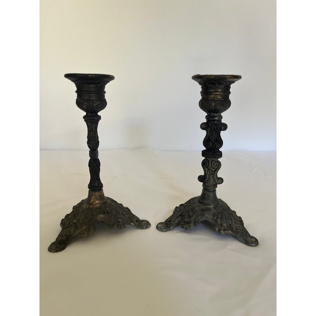 Vintage Ornate Brass Candle Holders Action Made in Italy 3 Footed Baroque 6" For Sale - Image 12 of 12