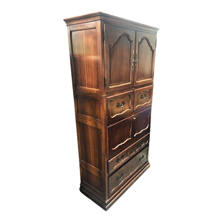 Baker Furniture Cherry Wood Armoire With Tooled Leather Drop Down Desk
