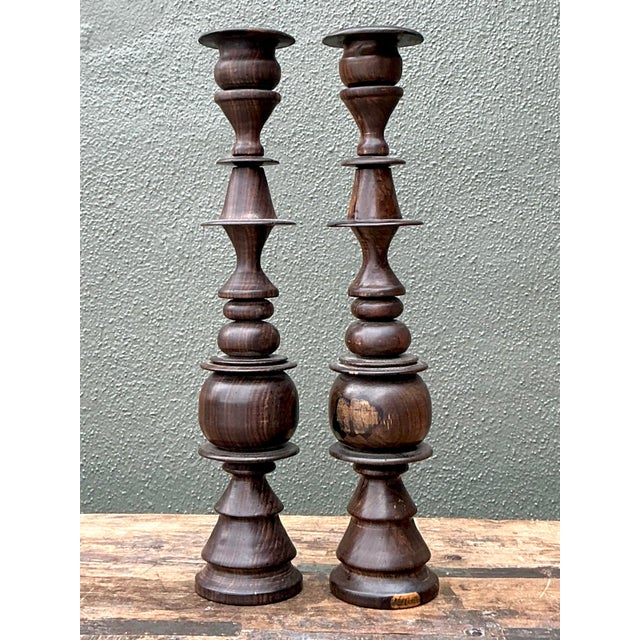 Rustic European Vintage Turned Wood Candlesticks - A Pair For Sale - Image 3 of 12