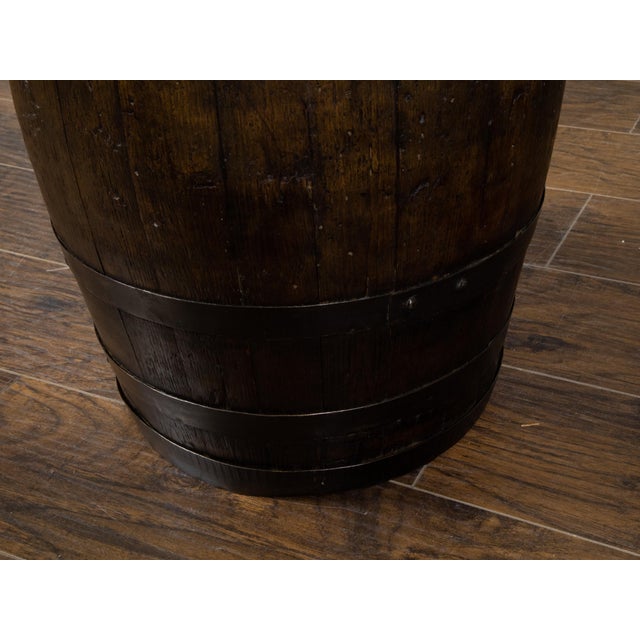 Brown English Late 19th Century Oak Barrel with Iron Braces and Dark Patina For Sale - Image 8 of 8