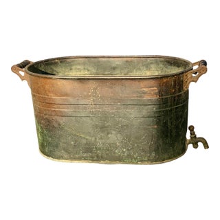 Large Revere Copper Antique French Boiler Wash Tub, Basin, Cook Pot, Firewood Vessel With Lid For Sale