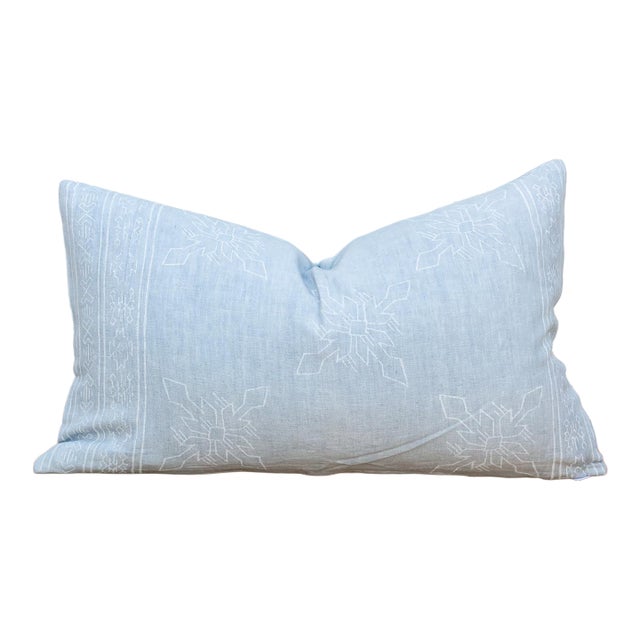 Blockprint Linen Jaipur Lumbar "Powder Blue" Pillow Cover For Sale