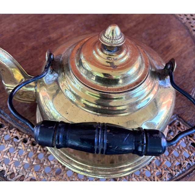 Traditional Vintage Solid Brass Tea Kettle With Wood Grip For Sale - Image 3 of 8