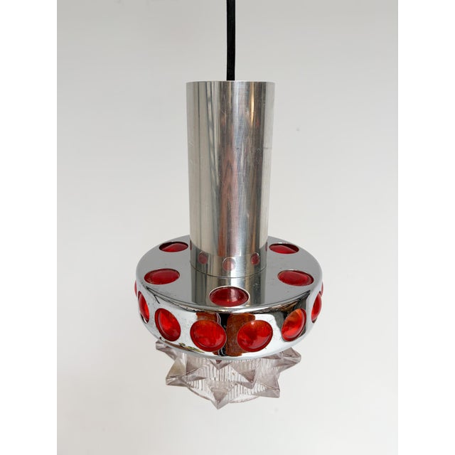 Chrome with Red Glass Ceiling Lamp attributed to Raak Design Team for Massive Lighting, 1960s For Sale - Image 3 of 12