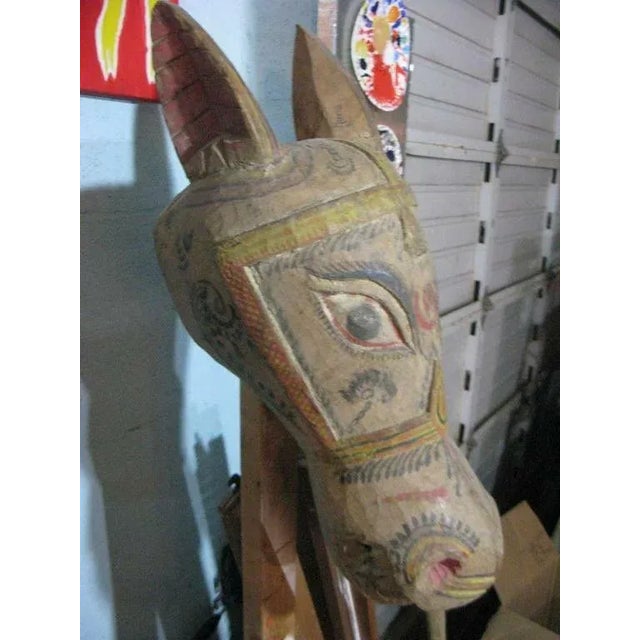 1940s Mexican Folk Art Carved and Painted Wood Horse Head Sculpture- 31 In. Tall For Sale - Image 4 of 5